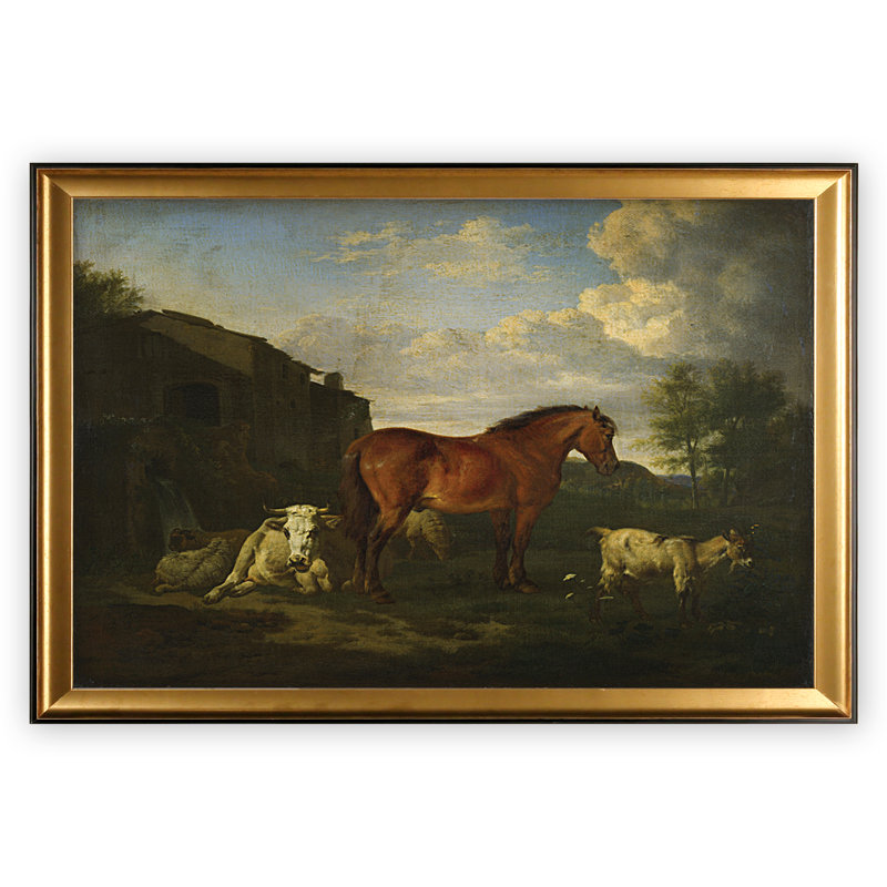 « animaux près d’un bâtiment », impression, Cadre doré, Blanc mat, H 28 po x l 38 po x P 1,5 po