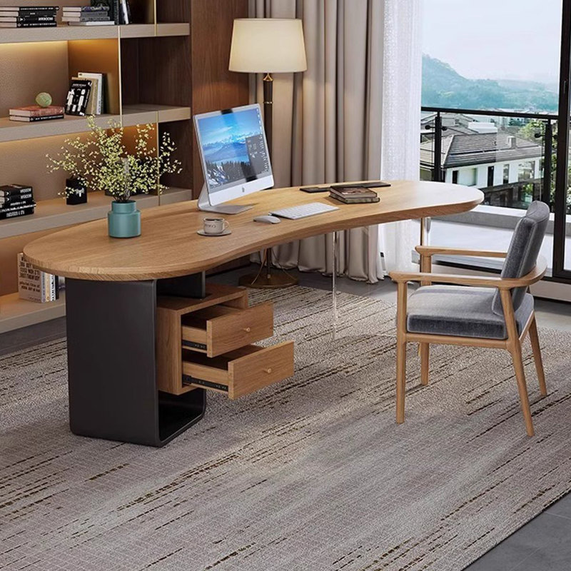 Bureau en bois massif brun en fer massif + fer + acrylique avec 2 tiroirs, H 29,53 po x l 62,99 po x P 30,31 po