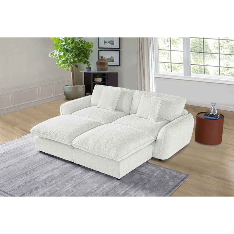 Upholstered Modular Sleeper Sofa With Two Ottomans, White Polyester