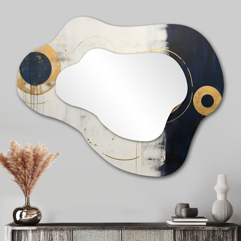 Circular Golden Sun And Moon - Minimalism Asymmetrical Wall Mirror, Gold Cloud Decorative Mirror, Printed Metal Art