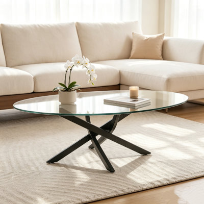 Table basse ovale, table d'appoint en verre trempé de 39,4 pouces avec pieds en métal noir, table à thé minimaliste moderne pour le salon, café, cadre transversal stable avec patins antidérapants réglables