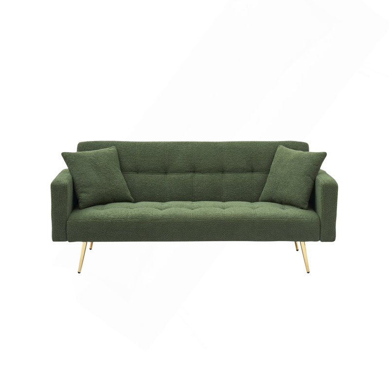 Quiniya 71.26" Modern Velvet Sofa Bed Folding Couch with Two Throw Pillows for Living Room, Green Teddy