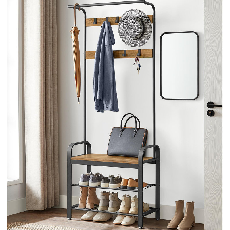 Hall Tree 28.3'' Wide with Bench and Shoe Storage, Rustic Walnut/Black
