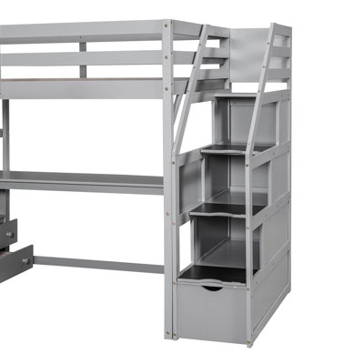 Lit mezzanine simple avec bureau, espace de rangement et tablettes en gris, cadre robuste
