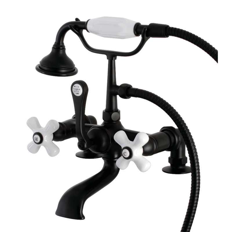 Kingston Brass Aqua Vintage Three-Handle 2-Hole Tub Wall Mount Clawfoot Tub Faucet with Hand Shower, Matte Black