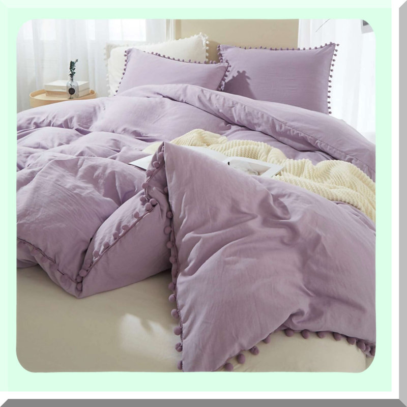 Boho Lavender Pom Fringe Pillow Shams - Set of 2, Cute Ball Trimmed Pillowcases - 20x26 Inch Standard Size - Light Purple Decor