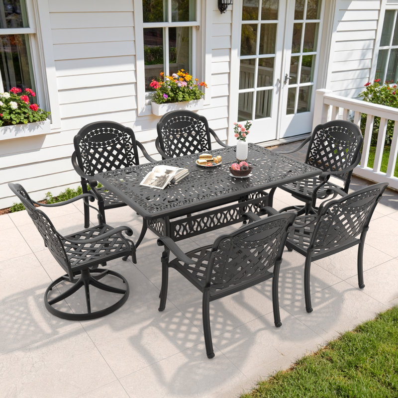 Ensemble de salle à manger d'extérieur rectangulaire 7 pièces (148 cm de long) avec trou pour parasol, 2 chaises pivotantes + 4 chaises empilables, coussins rouges