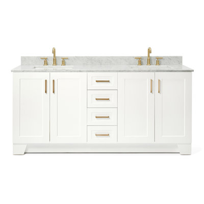 Freitas 73'' Solid Wood Double Bathroom Vanity in White with 0.75'' Carrara Marble Top, Center, Rectangle Sink