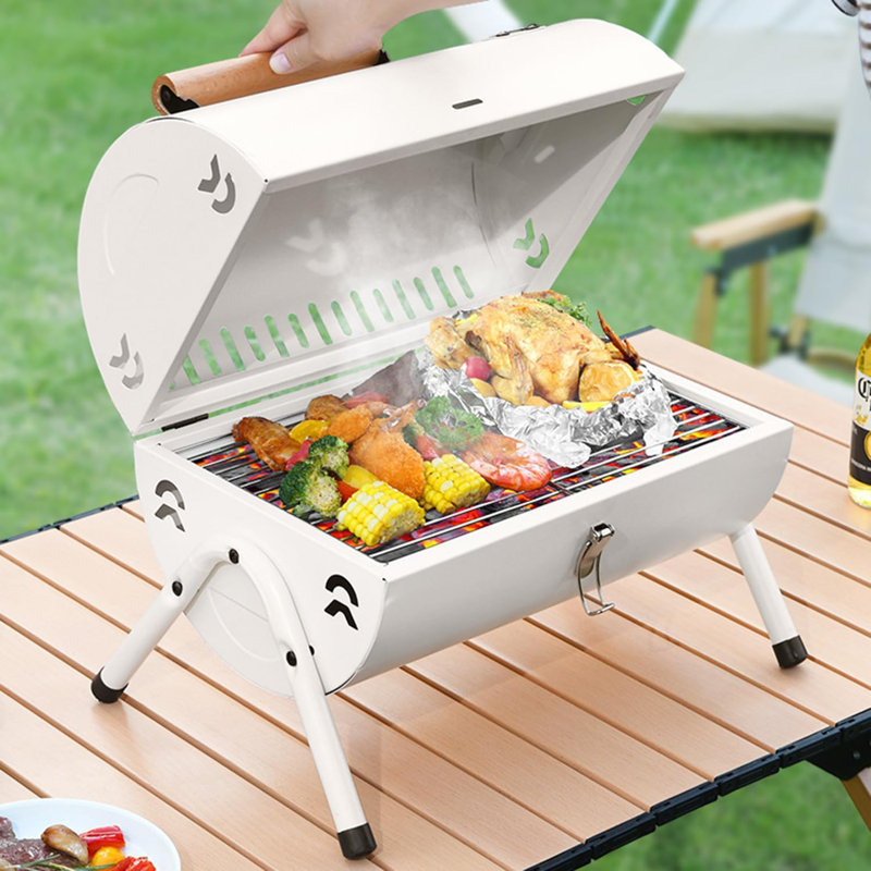 Barbecue portatif au charbon avec support chauffant, poignée en bois, barbecue de table pour barbecue extérieur, pique-nique de camping, patio, noir