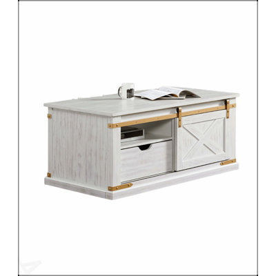 Table basse de style rustique blanc antique avec tiroir et tablettes ouvertes pour le salon