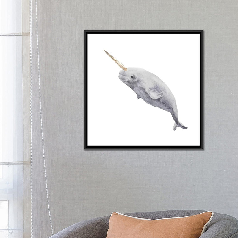 « narwhal », impression sur toile tendue, H 18 po x l 18 po x P 1,5 po, Toile encadrée noire, Pas de tapis