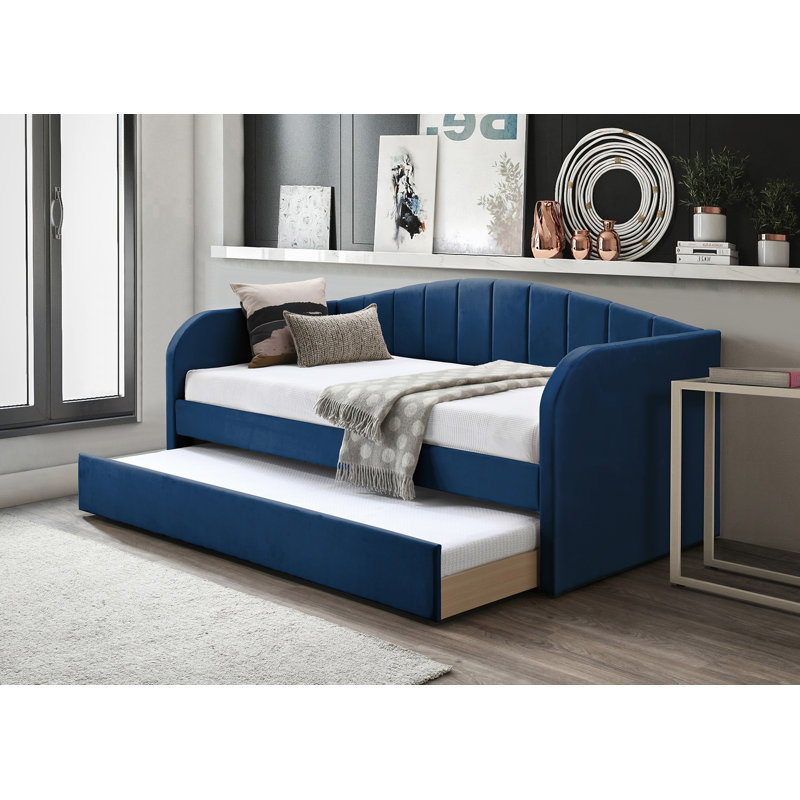 Mobilier de chambre à coucher moderne en tissu de velours à lattes bleu marine, Marine