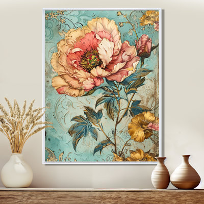 Pivoine rose, rétro, bleu, illustration - Pivoine, art mural, salon