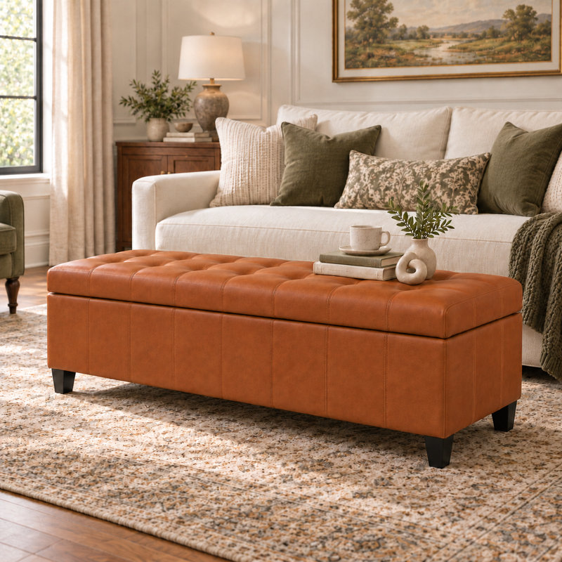  50.9" Faux Leather Upholstered Storage Bench, Reddish Brown