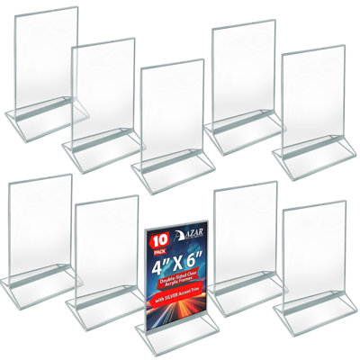 Azar Displays Double-Sided Clear Acrylic Frames with Silver Accent Trim 4" Wide x 6" High, 10 Pack