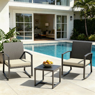 LAWNOOK Rocking Patio Bistro Sets - All-Weather - 3 Piece Rattan Conversation Furniture Set, Wicker Outdoor Front Porch Chair for Balcony, Porch, Garden, Backyard, Poolside,Medium Gray