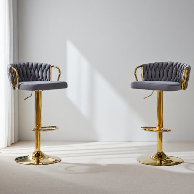 Ensemble de 2 tabourets de bar en velours tressé de luxe moderne avec hauteur réglable, base en métal et dossier en corde tissée, chaise de bar pivotante rembourrée