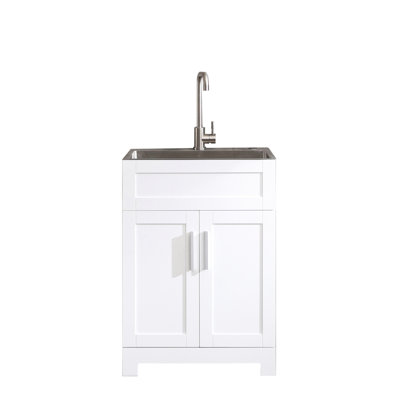 24in White Laundry Cabinet With Tub - Stainless Steel Sink Noise Reduction Function & Faucet Tough Simple Assembly Process