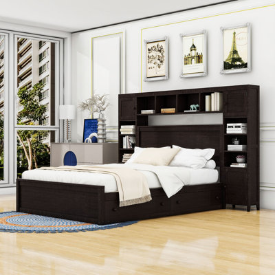 Queen Wooden Bed With Cabinet, Shelves, Drawers and Sockets