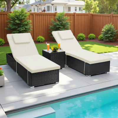 Set of 2 All-Weather Wicker Outdoor Chaise Lounges - Adjustable Backrest, Washable Cushions with Side Table