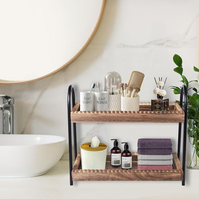 Organisateur de comptoir de salle de bain, organisateur de meuble-lavabo à 2 niveaux et rangement pour parfum cosmétique, tablette de rangement en perles de bois pour la cuisine de salle de bain 