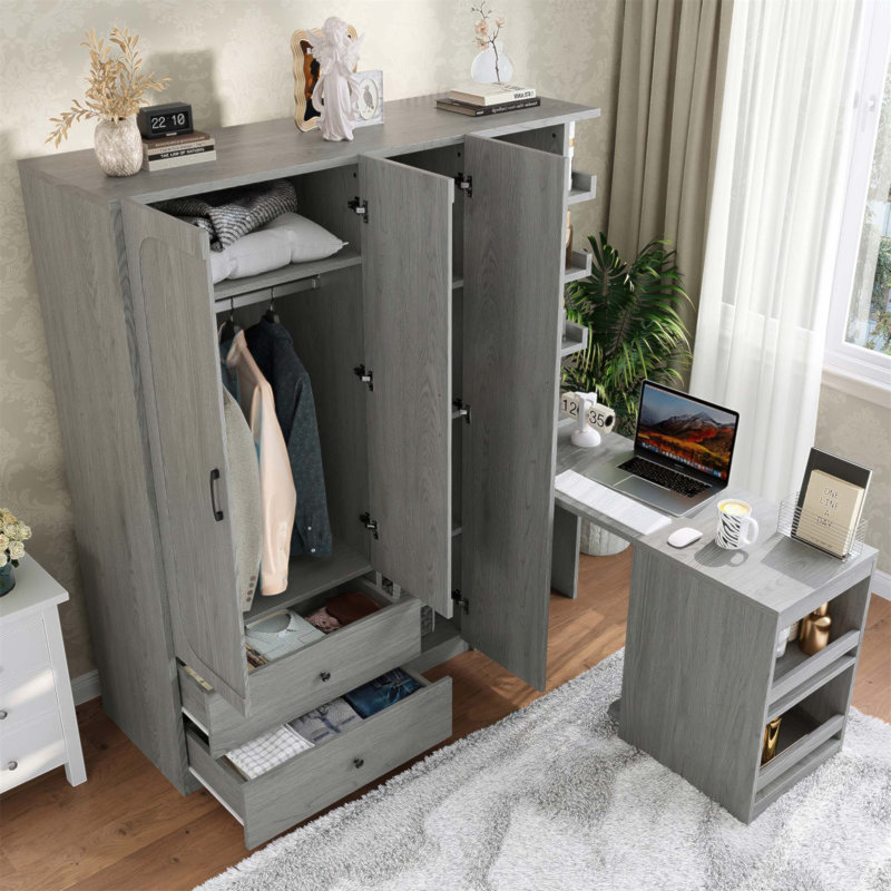 Armoire multifonctionnelle avec 2 portes, tringle, bureau convertible et tiroirs de rangement pour une vie moderne peu encombrante