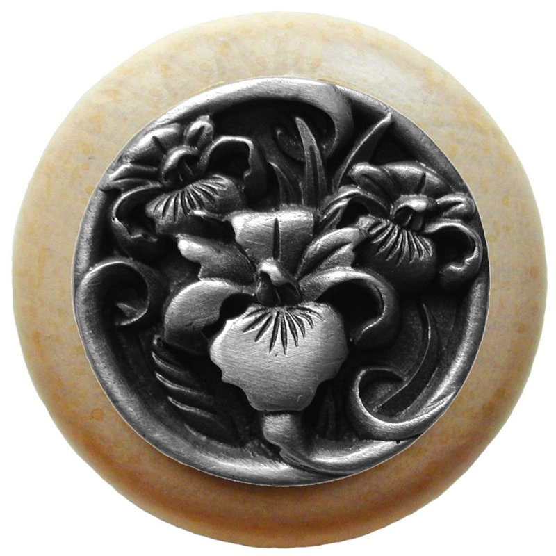 Poignée champignon floral de 1,5 po de diamètre, Étain antique / bois naturel