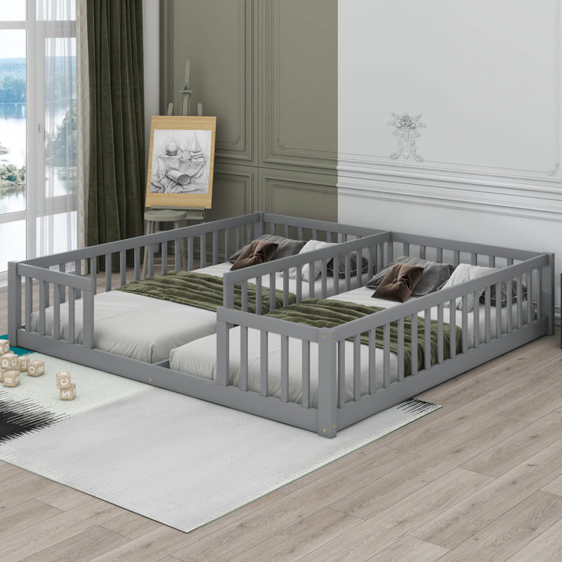 Double Twin Floor Bed With Fence And Guardrails, Gray