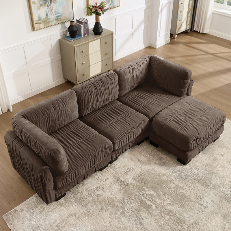 Canapé d'angle modulaire à détails froncés, 78.7" W, Brown Chenille