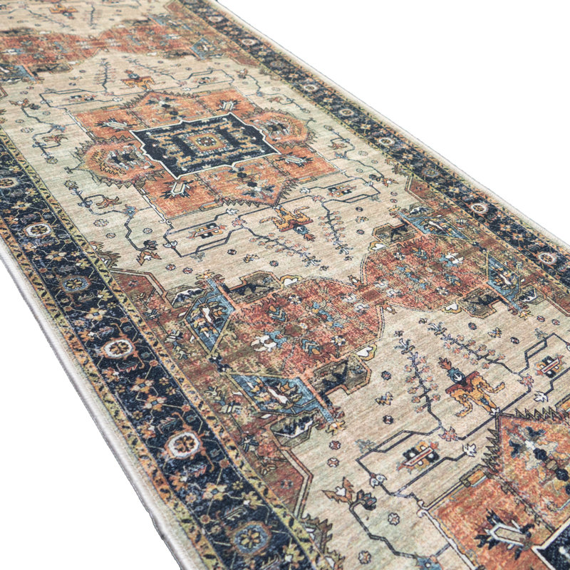 Custom Size Anti Slip Low Profile Medallion Blue Runner Rug, Runner 2'2" x 18'