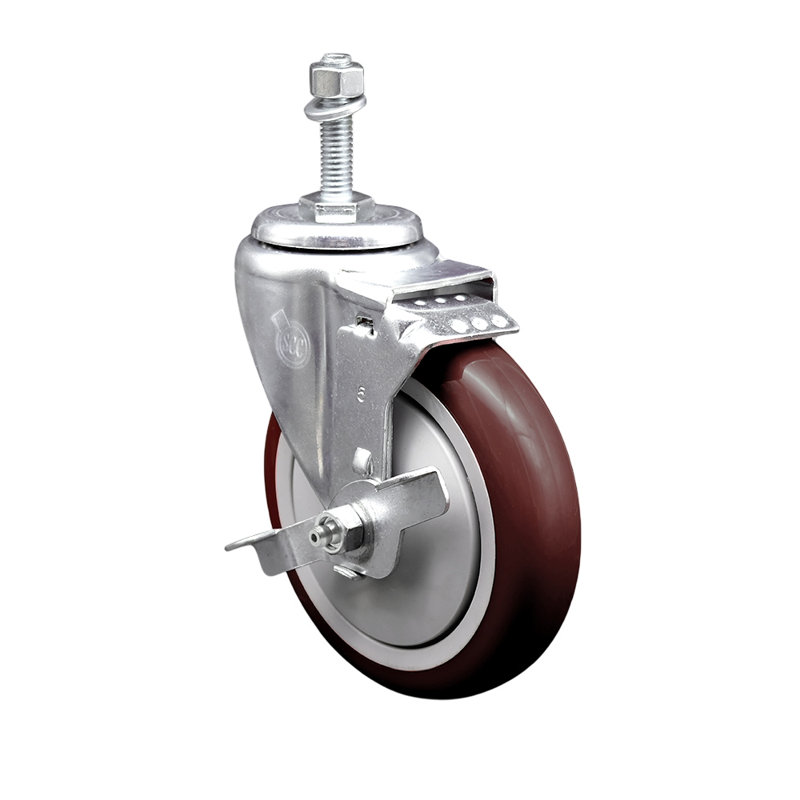 5 Inch SS Orange Polyurethane Swivel 10mm Threaded Stem Caster with Brake SCC, Maroon