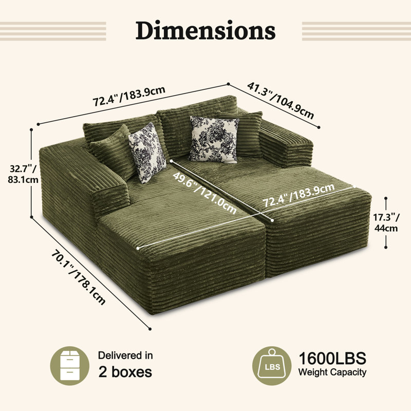 Canapé modulaire 2 places avec méridienne, assise profonde, accoudoirs larges et coussins décoratifs pour petits espaces ou appartements, aucun assemblage requis