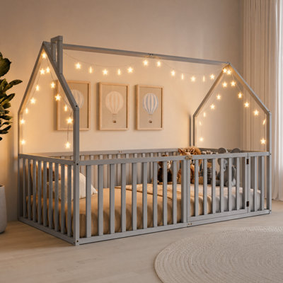 Comfy Cubs Kids House Gated Floor Bed Twin Size – 100% Pinewood Montessori Floor Bed With Safety Enclosure For Children Aged 5+, Kids Playhouse Design
