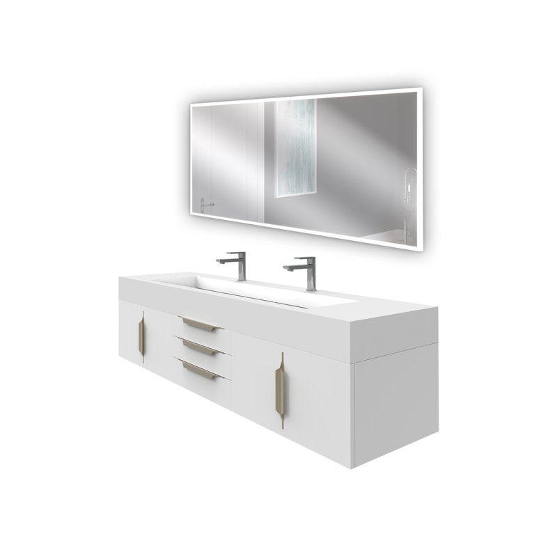 Ensemble de meuble-lavabo double mural 72 "avec miroir Nile, Blanc, Bleu, Or
