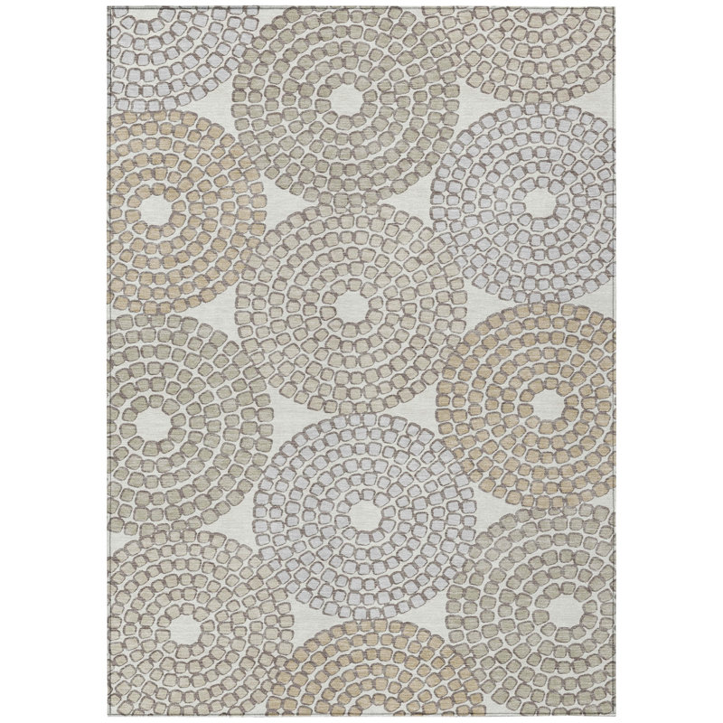 Tapis intérieur / extérieur géométrique lavable 5 pi x 8 pi brun et gris ivoire