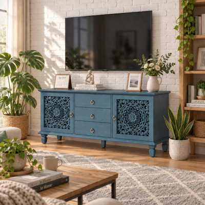 55.51" Vintage Farmhouse TV Stand with Hollow Carved Doors, 3 Drawers & Adjustable Shelves