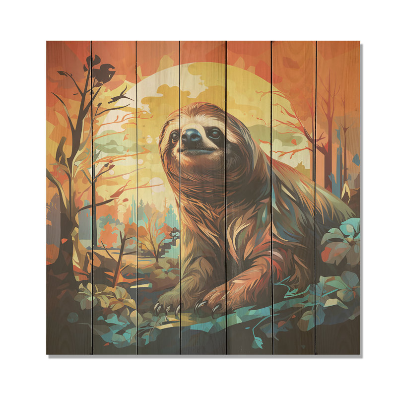 The Serenity Of Sloth At Sunset I - Paresseux sur bois, H 15 po x l 15 po