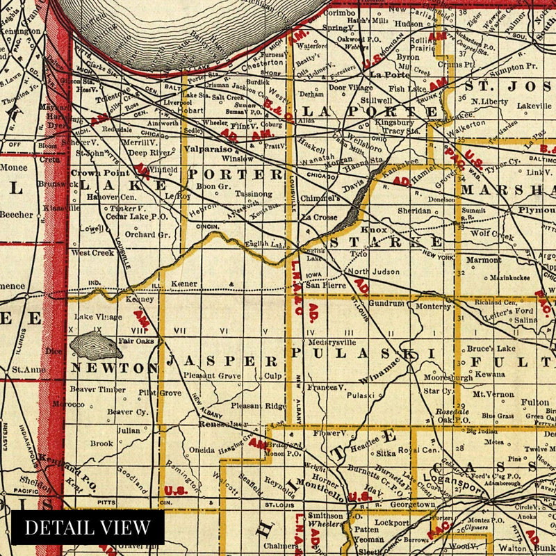 1888 Indiana Map, art mural sur papier, H 24 po x l 18 po x P 0,1 po