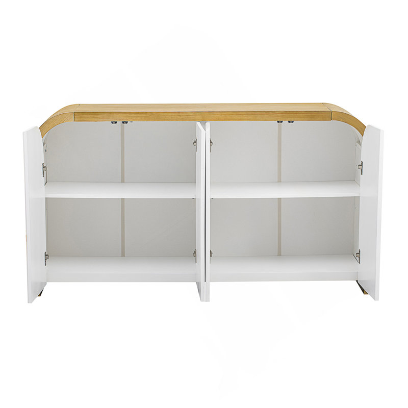 4-Door Curved Corner Design Wavy Door Panel Cabinet With Adjustable Shelves, Brown/White