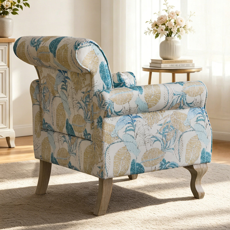 Chaise d'appoint en velours à imprimé floral avec coussin, pieds en bois massif, Yellow/Blue/White