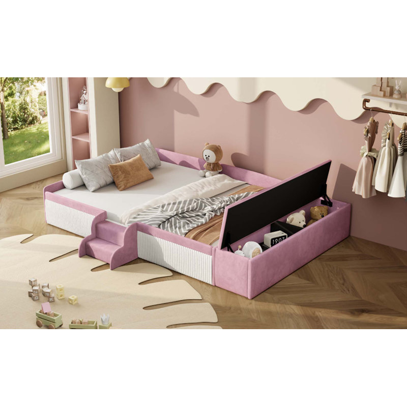 Upholstered Daybed With Stairs & Gas Lift Storage Ottoman,Padded Guardrails, Full/Double, Pink/White