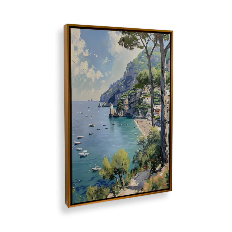 Vue de la côte d'Amalfi II, H 19 po x l 13 po, Toile avec cadre, Or poli
