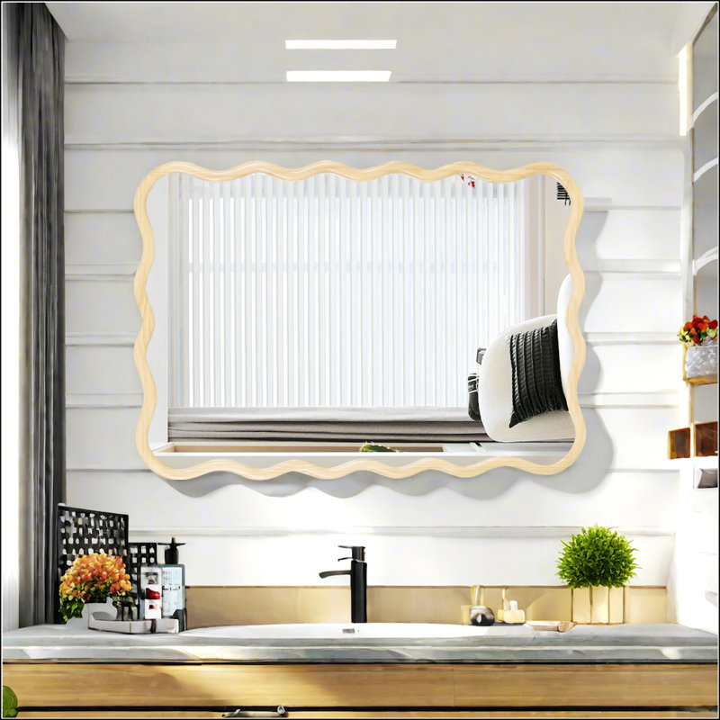 Élégant miroir rectangulaire ondulé en bois massif pour une décoration murale polyvalente dans plusieurs pièces, Bois naturel