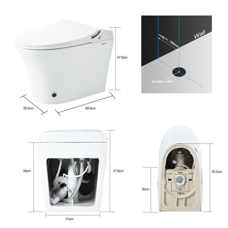 Luxury Smart Toilet With Dryer And Warm Water,  Elongated Bidet Toilet With Heated Seat, With Remote Control, LED Night Light, Power Outage Flushing, Soft Close Cover
