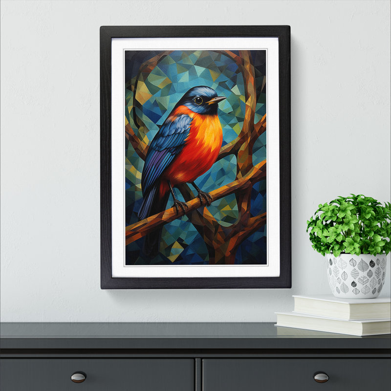 Robin Bird Orphism - Single Picture Frame Print on Wood, Black Framed, 46cm H x 34cm W x 2cm D