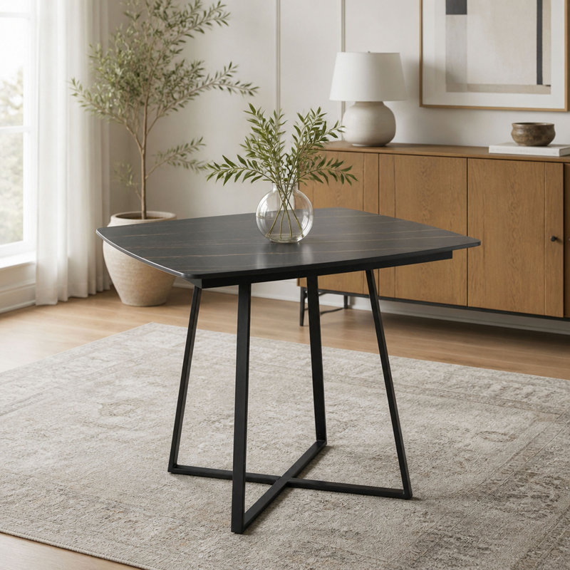 Dinette Table in Metal Base and Wood with White Marble Effect Ceramic Table Top, White Marble / Black, Metal