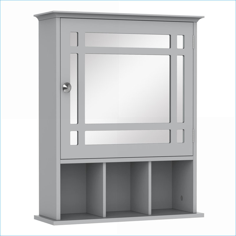 Armoires | Pharmacie à miroir murale avec tablettes de rangement ouvertes, résistante à l'eau, L 19 po x l 6,5 po x H 23,5 po, gris ardoise | Moderne | Panneau de fibres à densité moyenne
