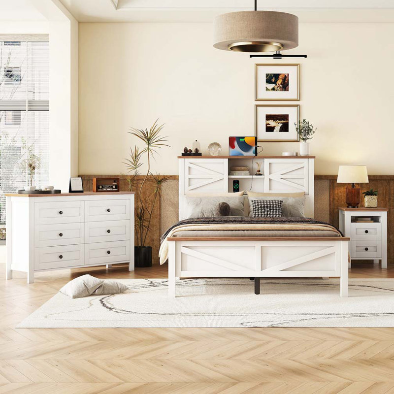 Ensemble de chambre à coucher 3 pièces avec lit plateforme double avec tête de lit double à porte coulissante et station de charge, table de chevet et commode, blanc