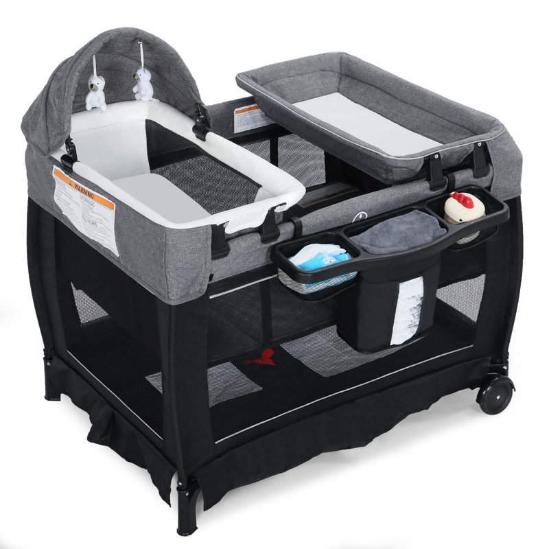 4-in-1 Convertible Baby Playard with Bassinet, Diaper Changer, Cradle&Bedside Sleeper, Black