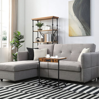 Table de bout en C avec ports et prises USB, table de canapé avec roulettes pour le salon, la chambre à coucher, le chevet, brun rustique et noir